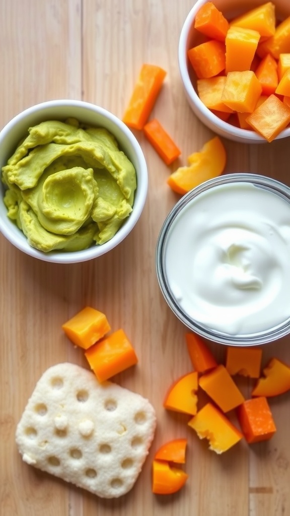 An assortment of healthy snacks for an 8-month-old baby, featuring mashed avocado, cooked carrots, soft fruits, and yogurt.